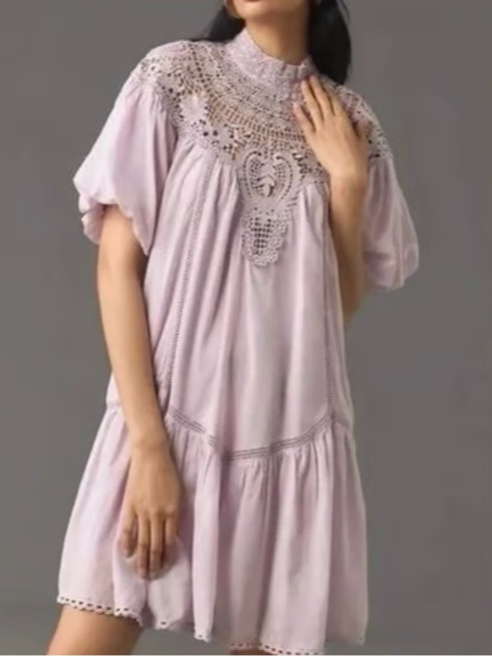 Anthropologie Soft Lavender Crochet Yoke Mini Dress